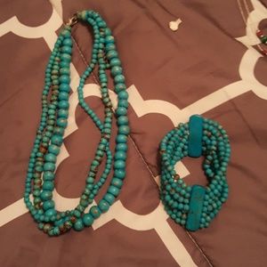 Wooden turquoise painted necklace & bracelet